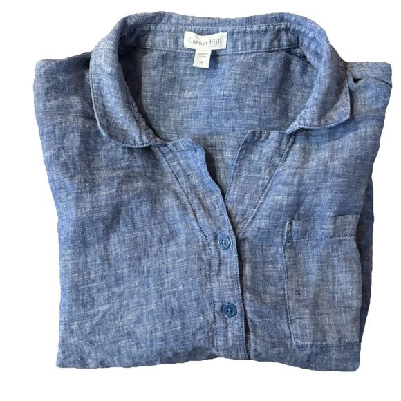 Garnet Hill Linen Short Sleeve Collared Scoop Hem Button Down Blue Womens Size 8 - Picture 4 of 6